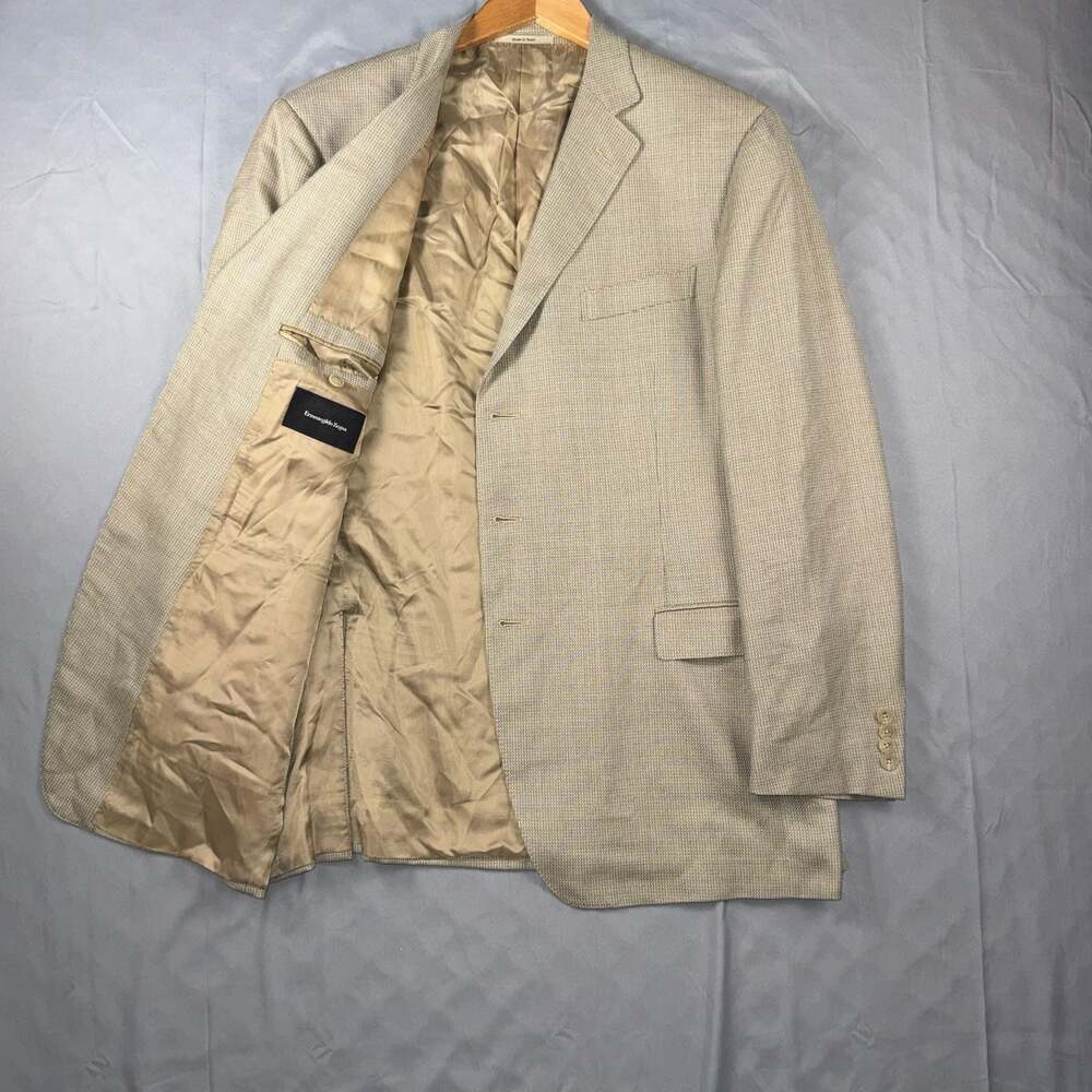 Ermenegildo Zegna Wool & Silk Tan Blazer Micro-Houndstooth Notch Lapel 58R
